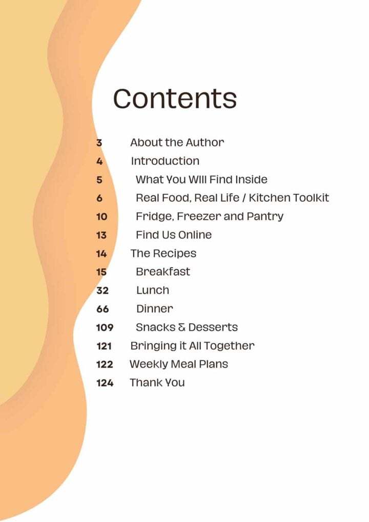 Main contents page of the 15 Minute Healthy Meals book.