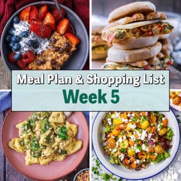 Collage of four pictures of different meals with a text overlay saying Meal Plan Week 5.