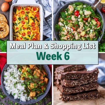 Collage of four pictures of different meals with a text overlay saying Meal Plan Week 6.