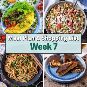 Collage of four pictures of different meals with a text overlay saying Meal Plan Week 7.
