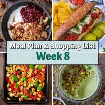 Collage of four pictures of different meals with a text overlay saying Meal Plan Week 8.
