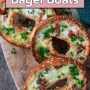 Breakfast bagel boats with a text overlay title.