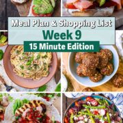 Collage of four pictures of different meals with a text overlay saying Meal Plan Week 9.