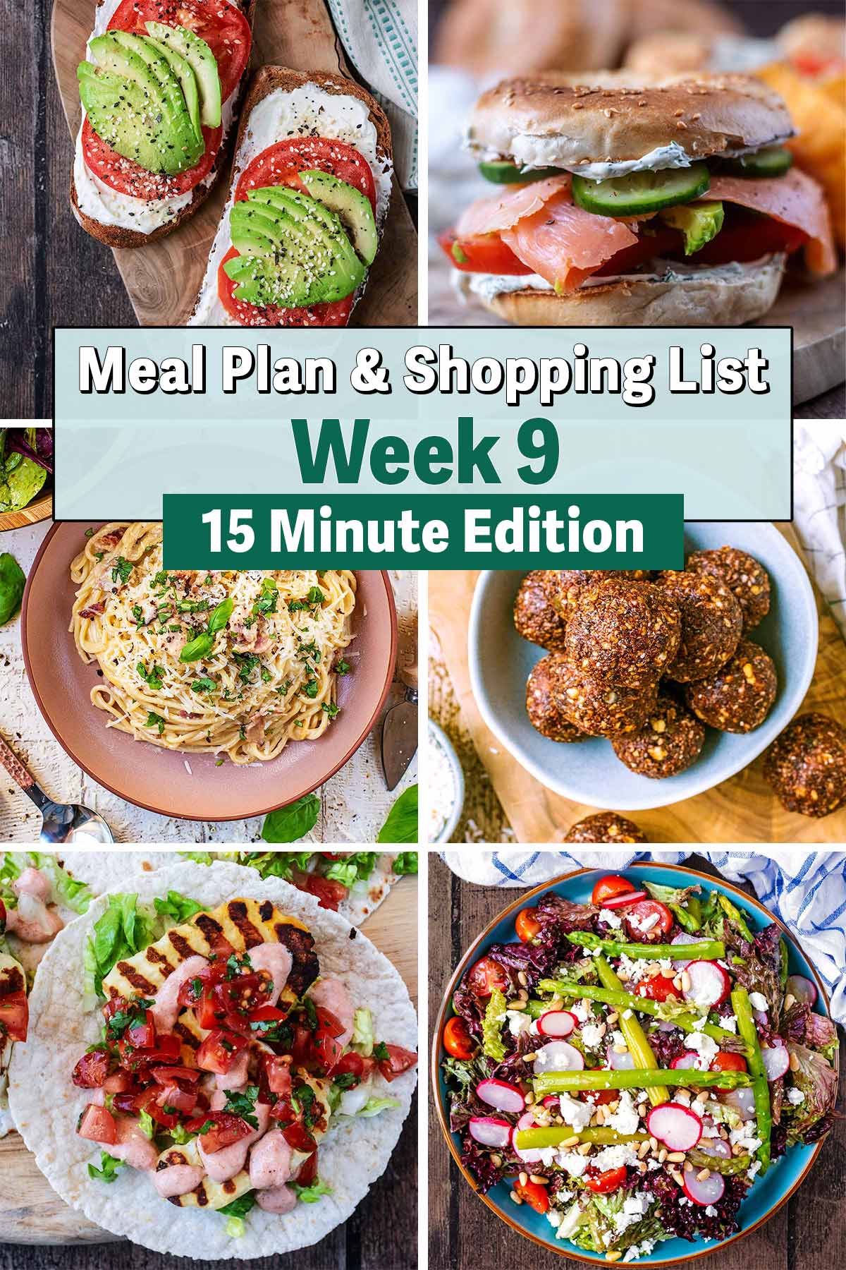 Collage of four pictures of different meals with a text overlay saying Meal Plan Week 9.