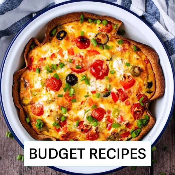 A quiche with a budget recipes label.