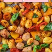 Chicken sausage tray bake with a text overlay title.