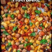 Chicken sausage tray bake with a text overlay title.