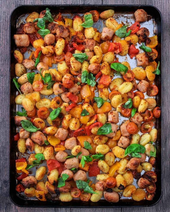 Everything on the tray cooked with fresh basil leaves added.