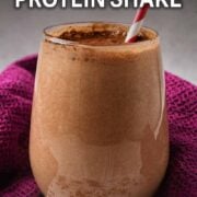 Chocolate protein shake with a text overlay title.