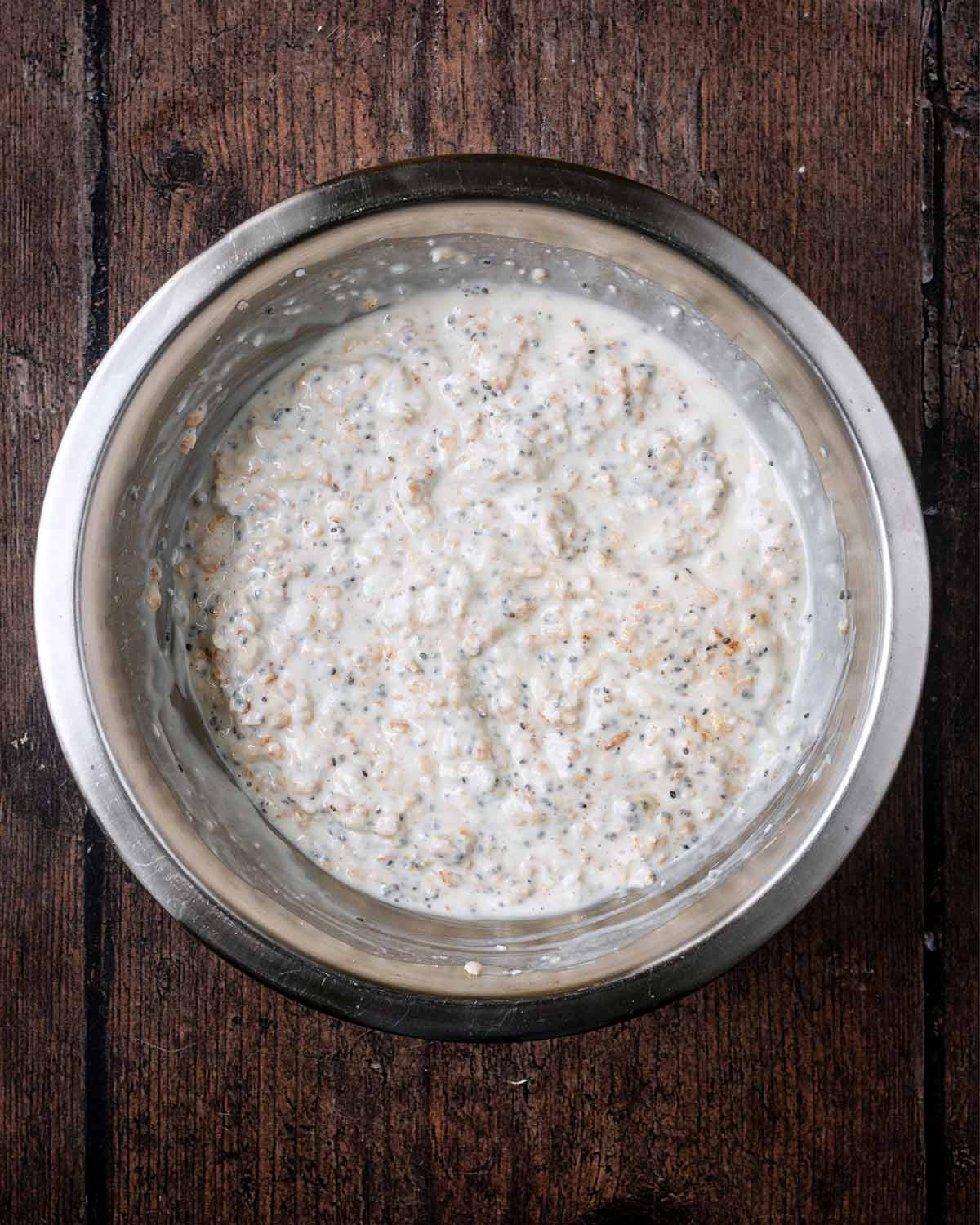 Milk added to the bowl and everything mixed together.