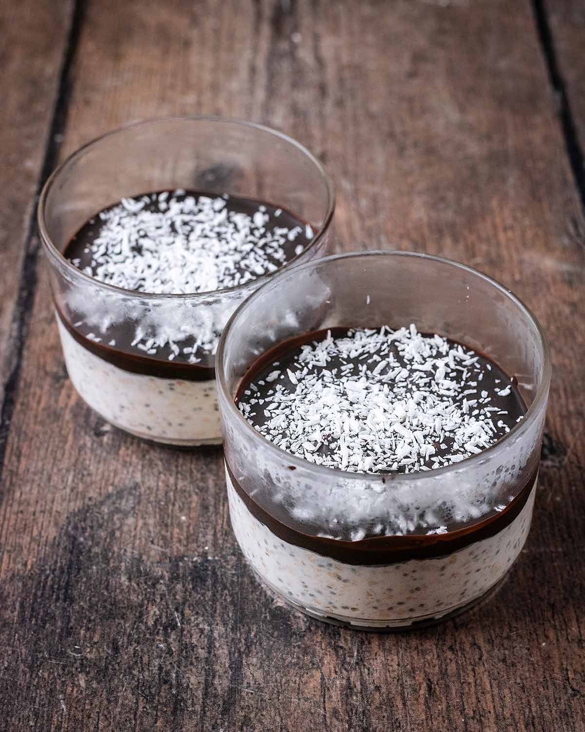 The overnight oats topped with the melted chocolate and some desiccated coconut.