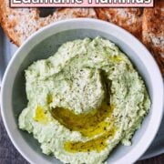 Edamame hummus with a text overlay title.