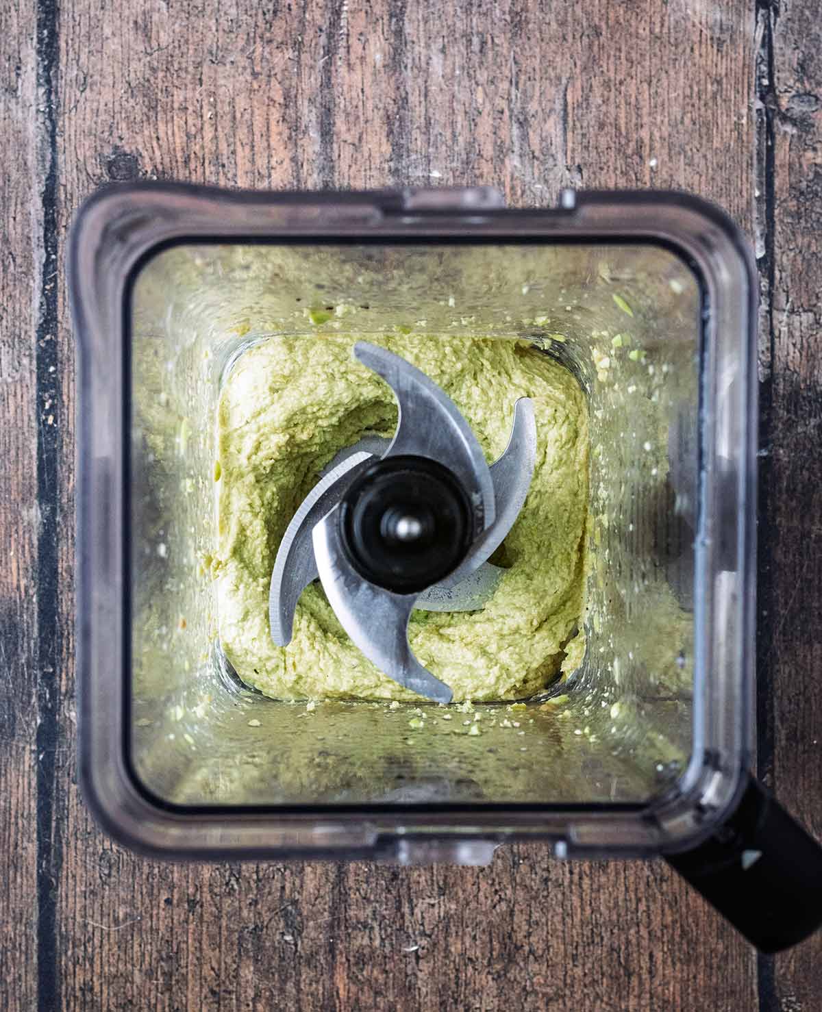 Blended edamame hummus in the food processor.