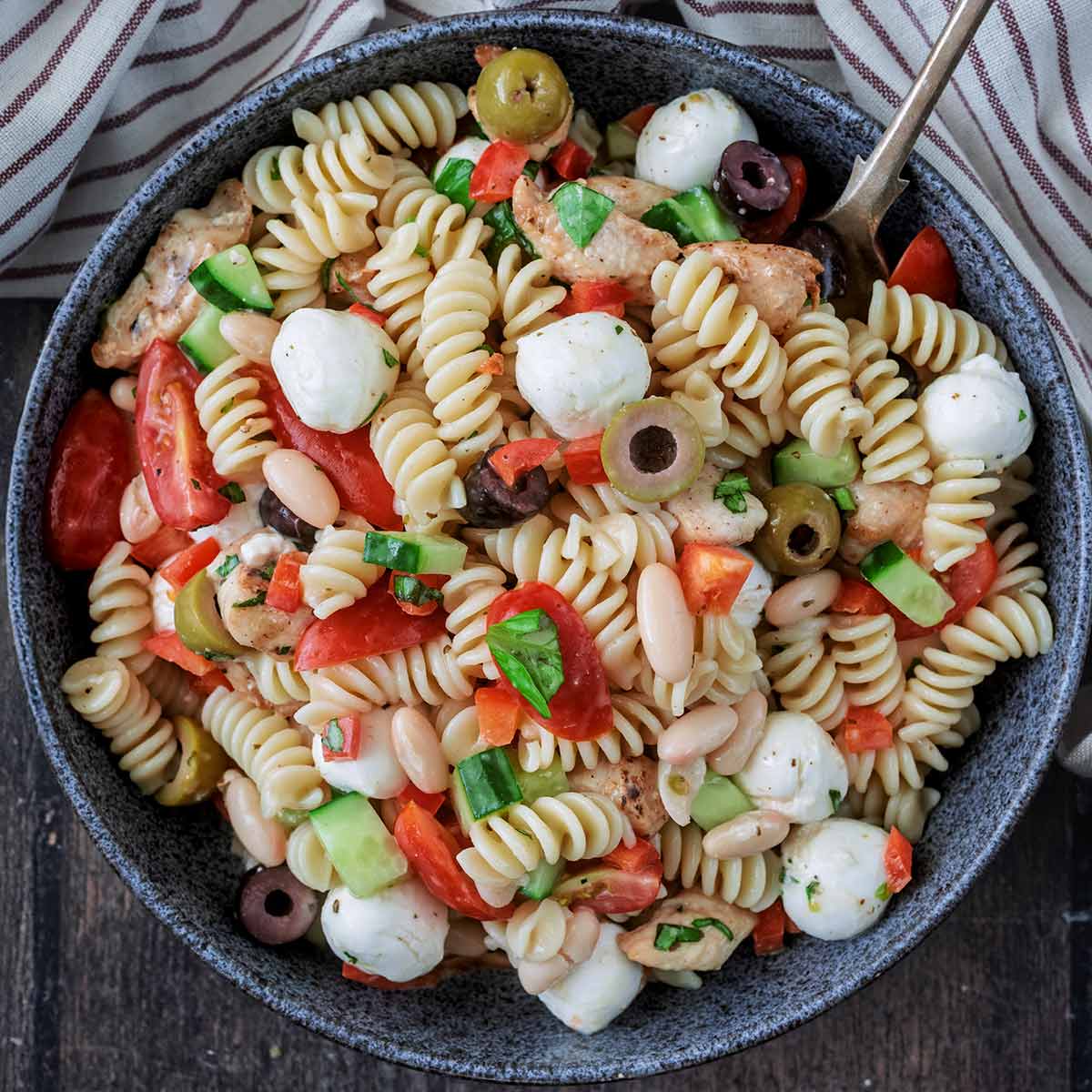 High Protein Pasta Salad in a large serving bowl.