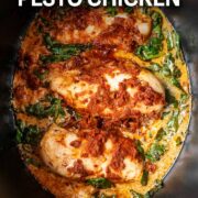 Slow Cooker Pesto Chicken with a text overlay title.