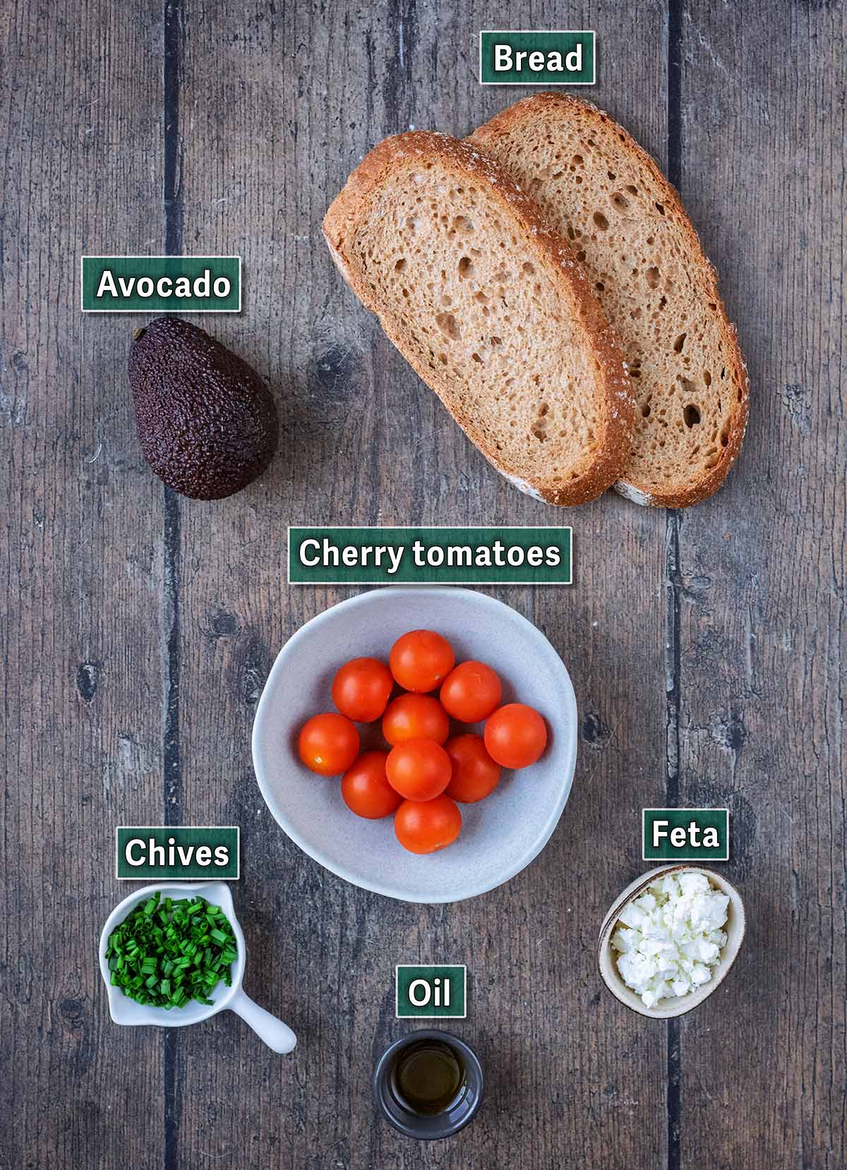 All the ingredients needed for this recipe with text overlay labels.