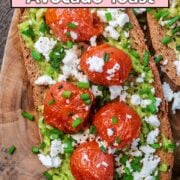 tomato avocado toast with a text overlay title.