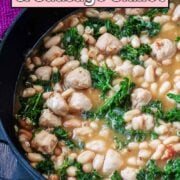White bean and sausage skillet with a text overlay title.