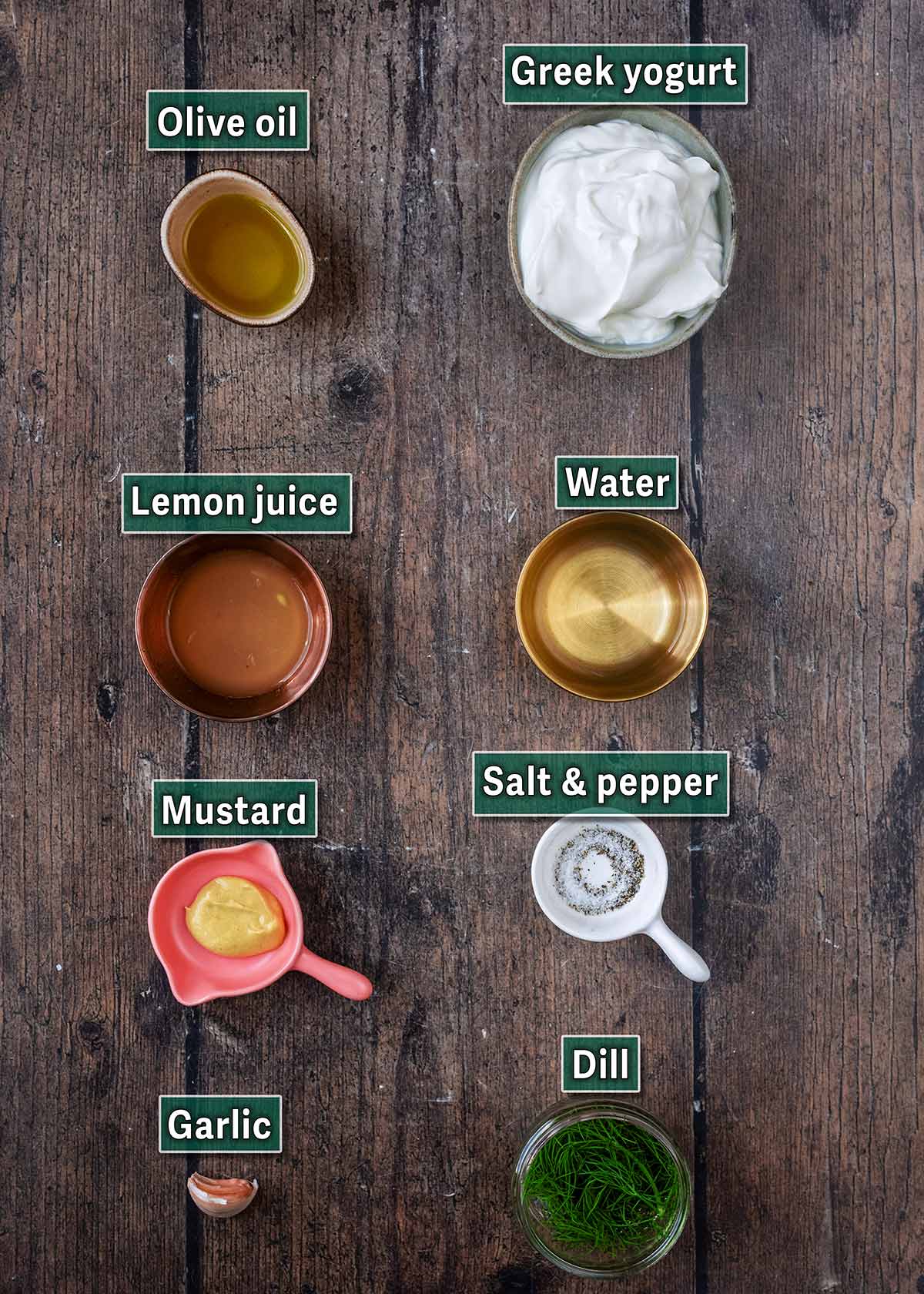 All the ingredients needed for this recipe laid out on a wooden surface with text overlay labels.
