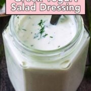 Greek yogurt salad dressing with a text overlay title.