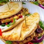 Halloumi flatbread with a text overlay.