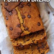 Healthy pumpkin bread with a text overlay title.