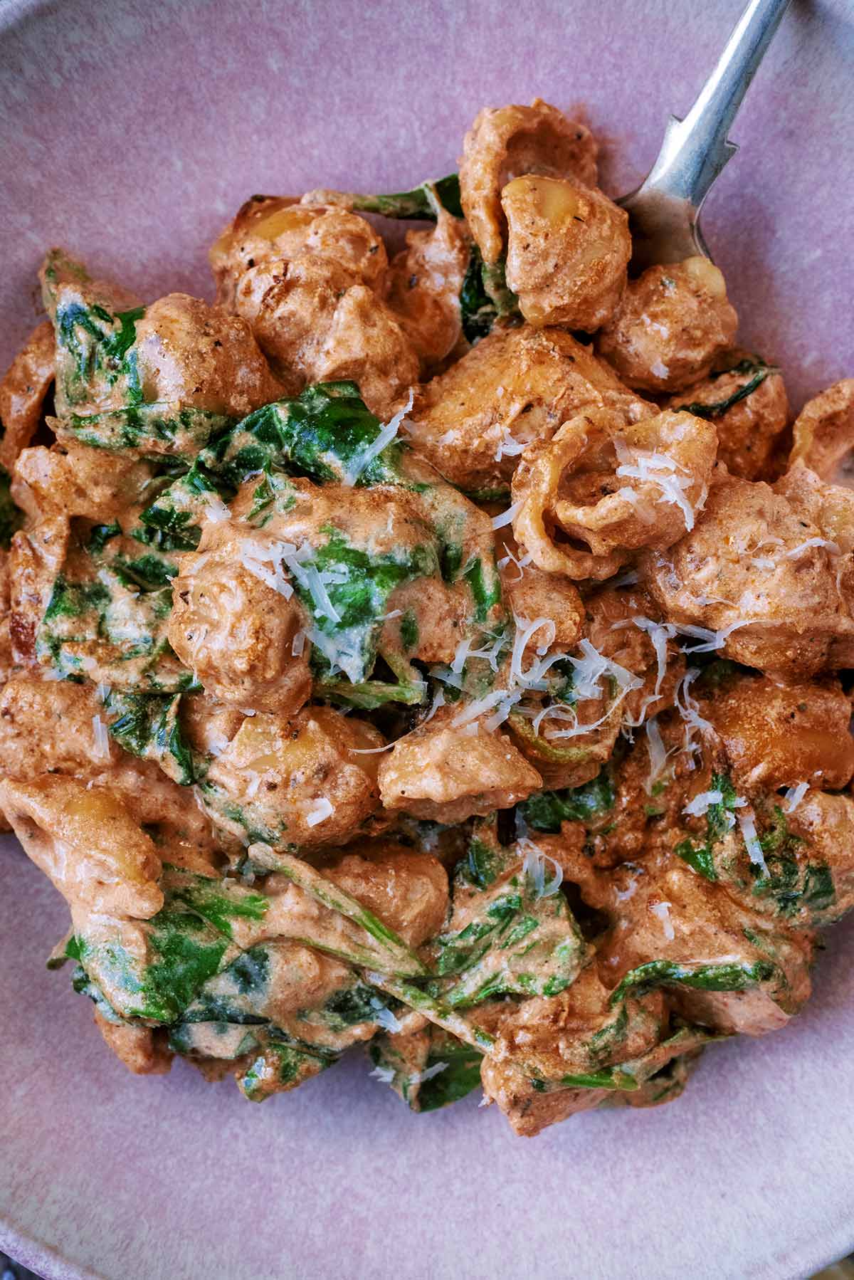 Cooked chicken and pasta in a creamy tomato and spinach sauce.