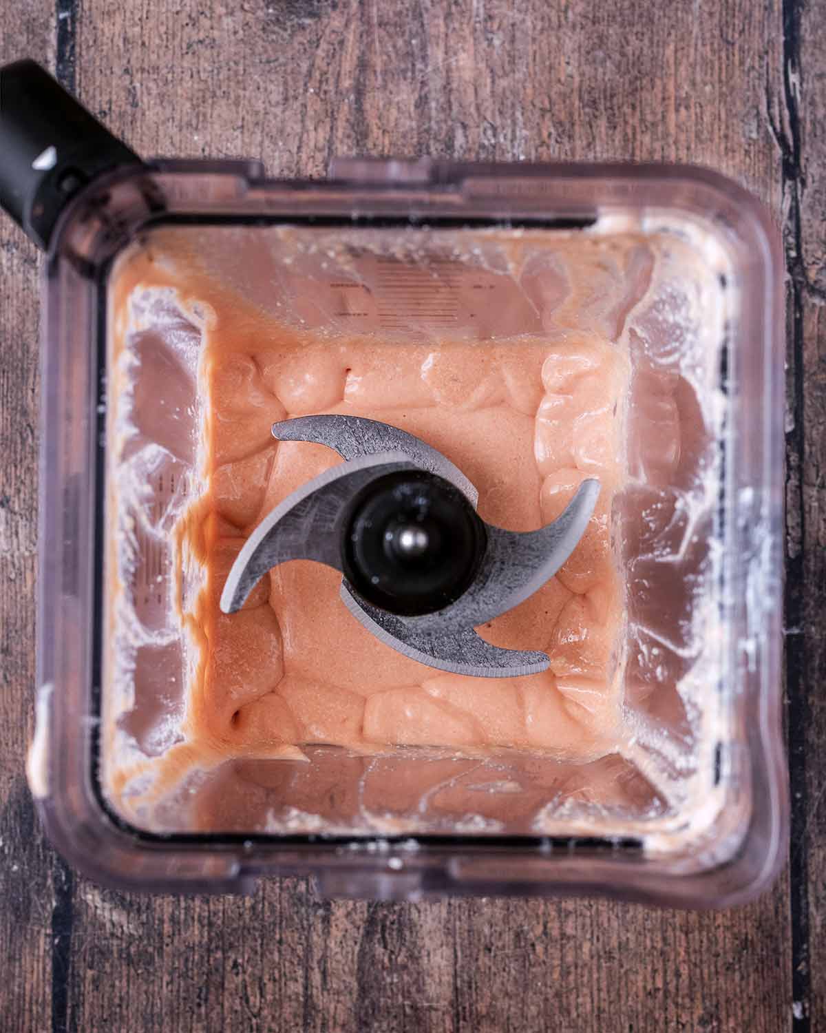 Blended sauce in the blender jug.