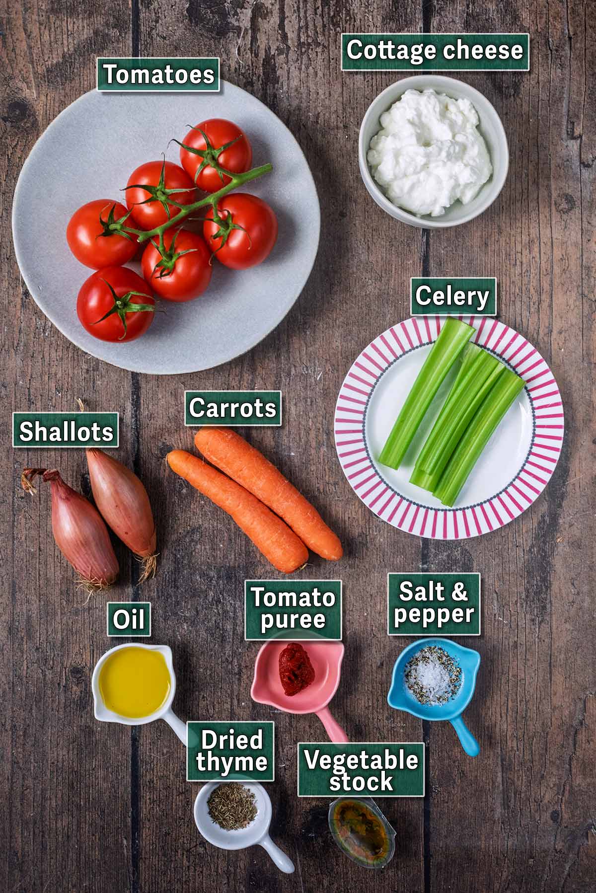 All the ingredients needed for this recipe laid out on a wooden surface with text overlay labels.