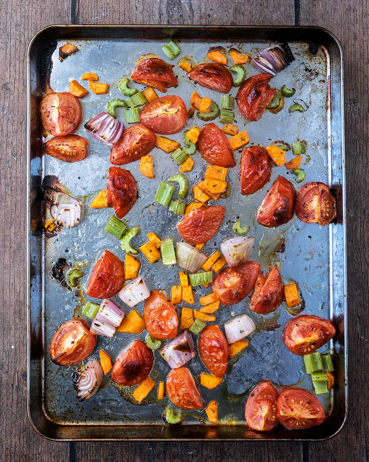 Roasted veg on the baking tray.