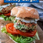 Greek turkey burger with a text overlay title.