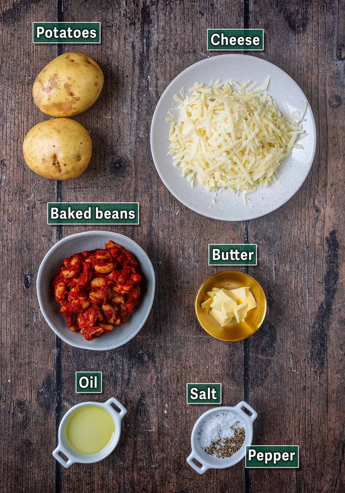 All the ingredients needed for this recipe laid out on a wooden surface with text overlay labels.