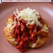 Jacket potato with cheese and beans and a text overlay title.