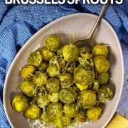Slow cooker Brussels Sprouts with a text overlay title.
