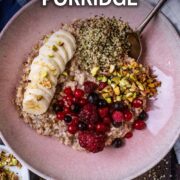 Superfood porridge with a text overlay title.