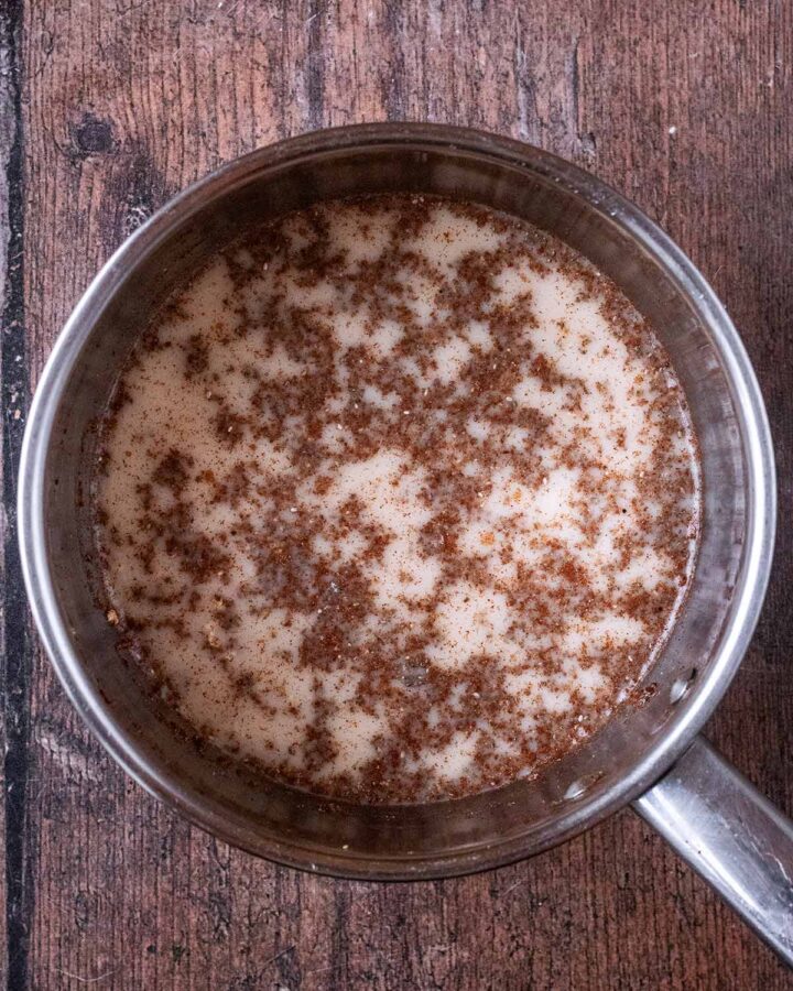 Milk added to the saucepan.
