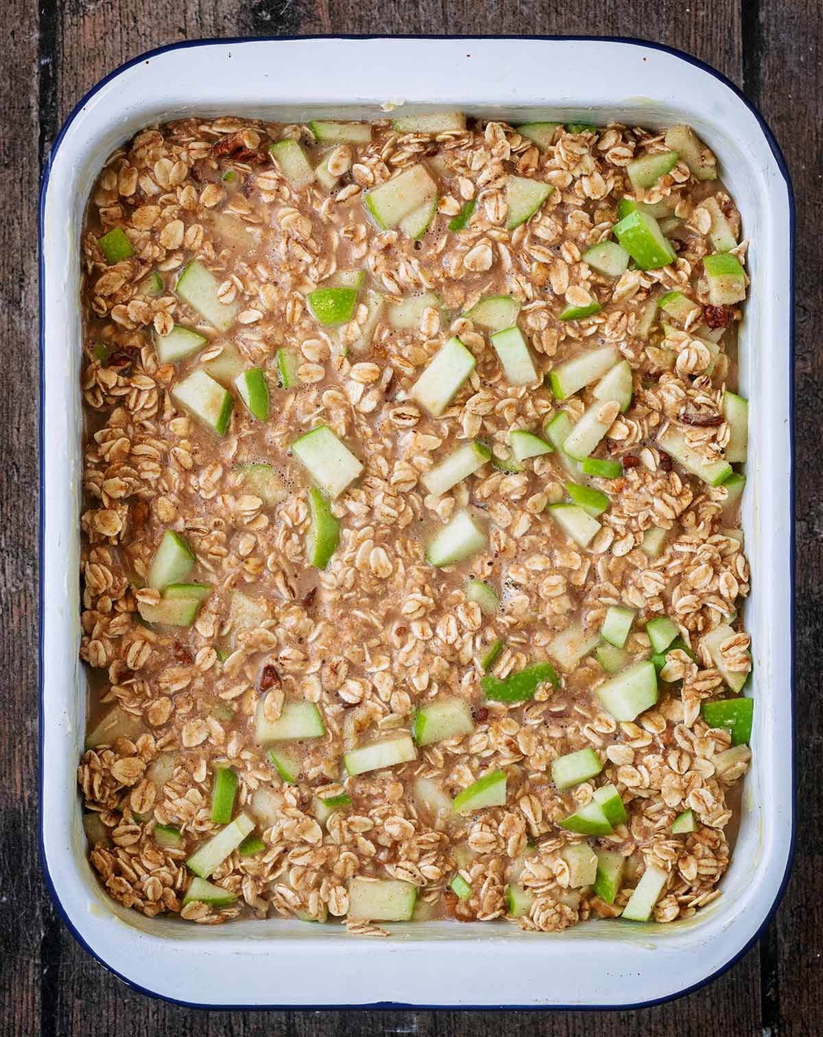 The oat mixture transferred to a baking dish.