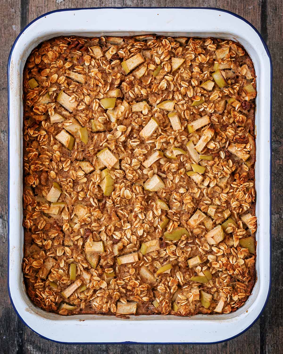 Baked apple oats in the baking dish.