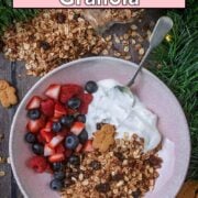 Gingerbread granola with a text overlay title.