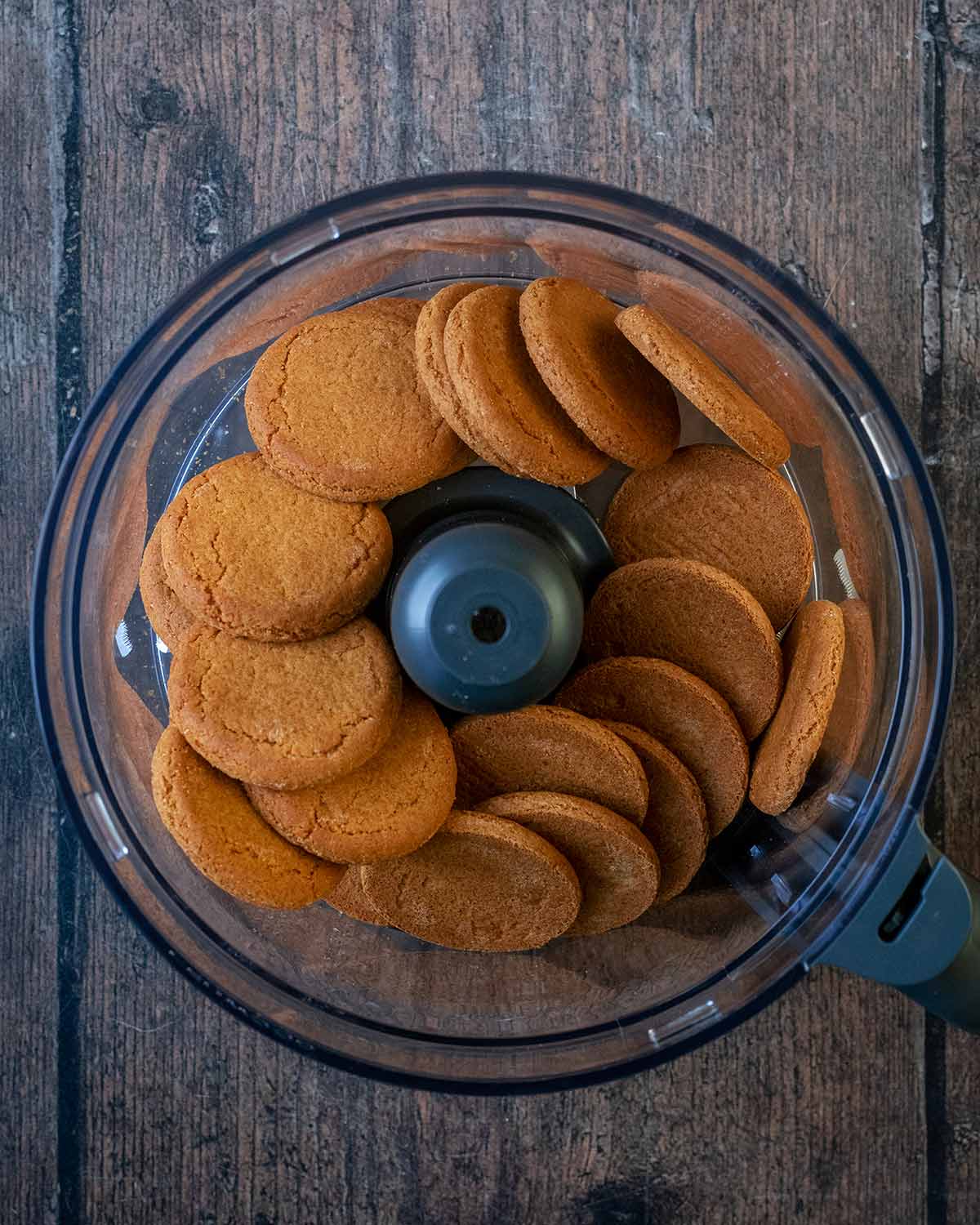 Gingernut biscuits in a food processor.