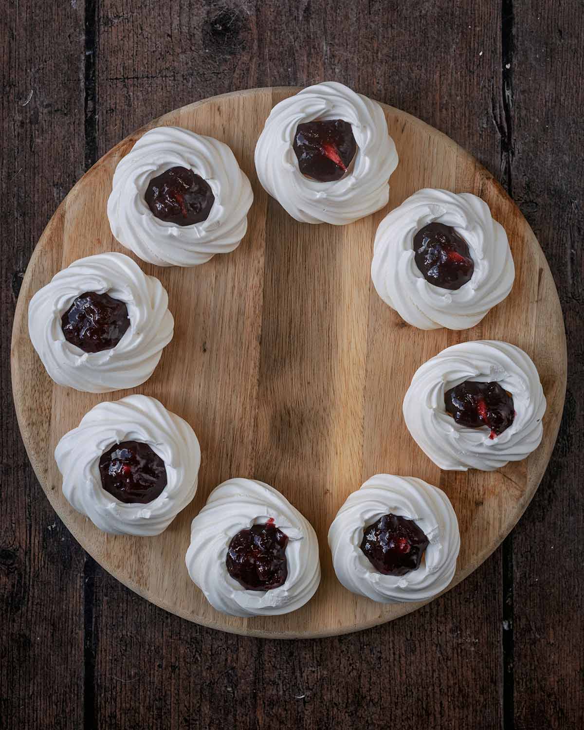 Jam inside the meringue nests.