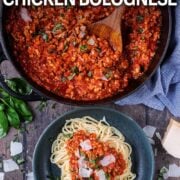 Chicken bolognese with a text overlay title.