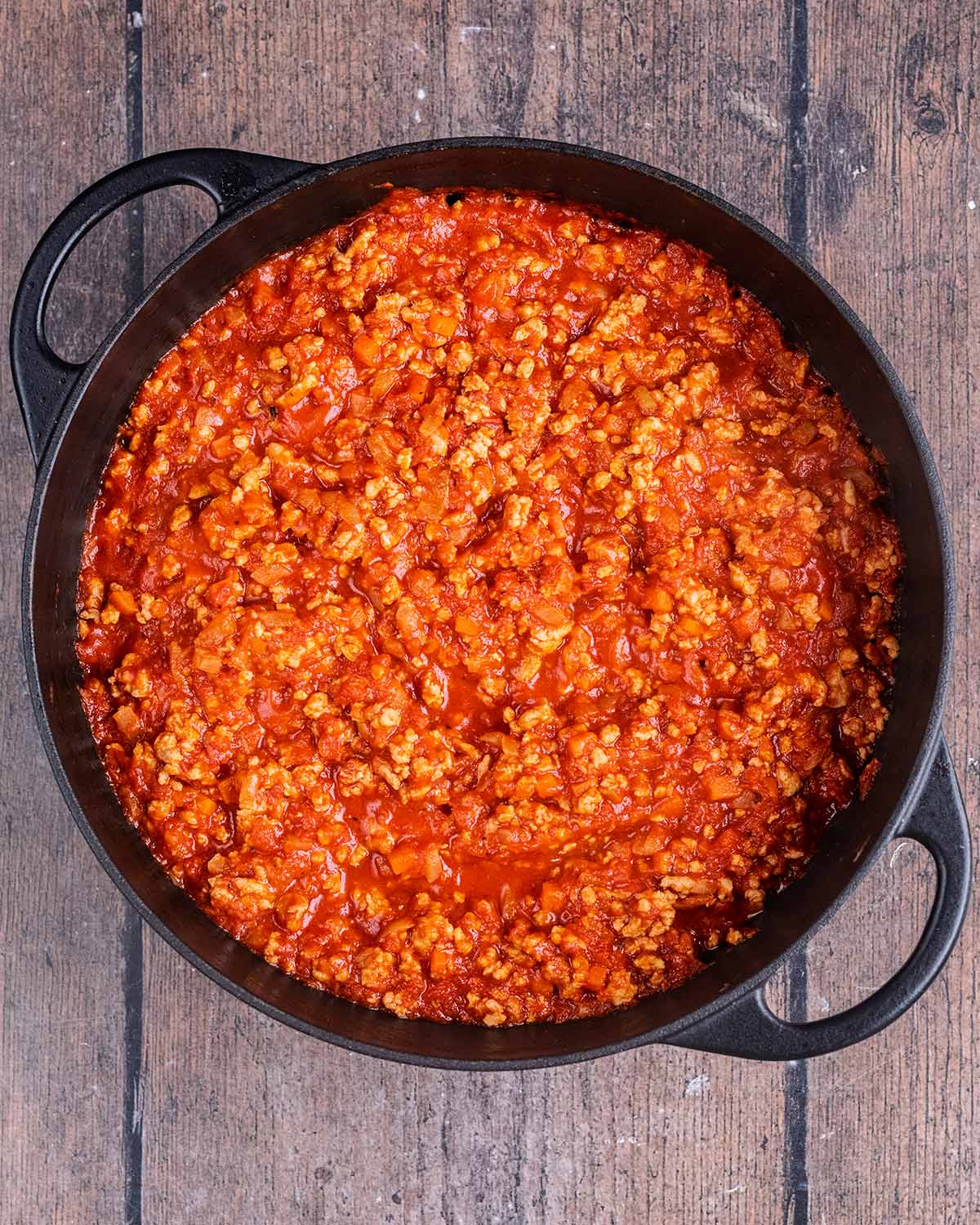 Cooked bolognese sauce in the pan.