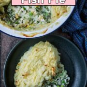 Cheat's fish pie with a text overlay title.