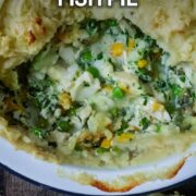 Cheat's fish pie with a text overlay title.