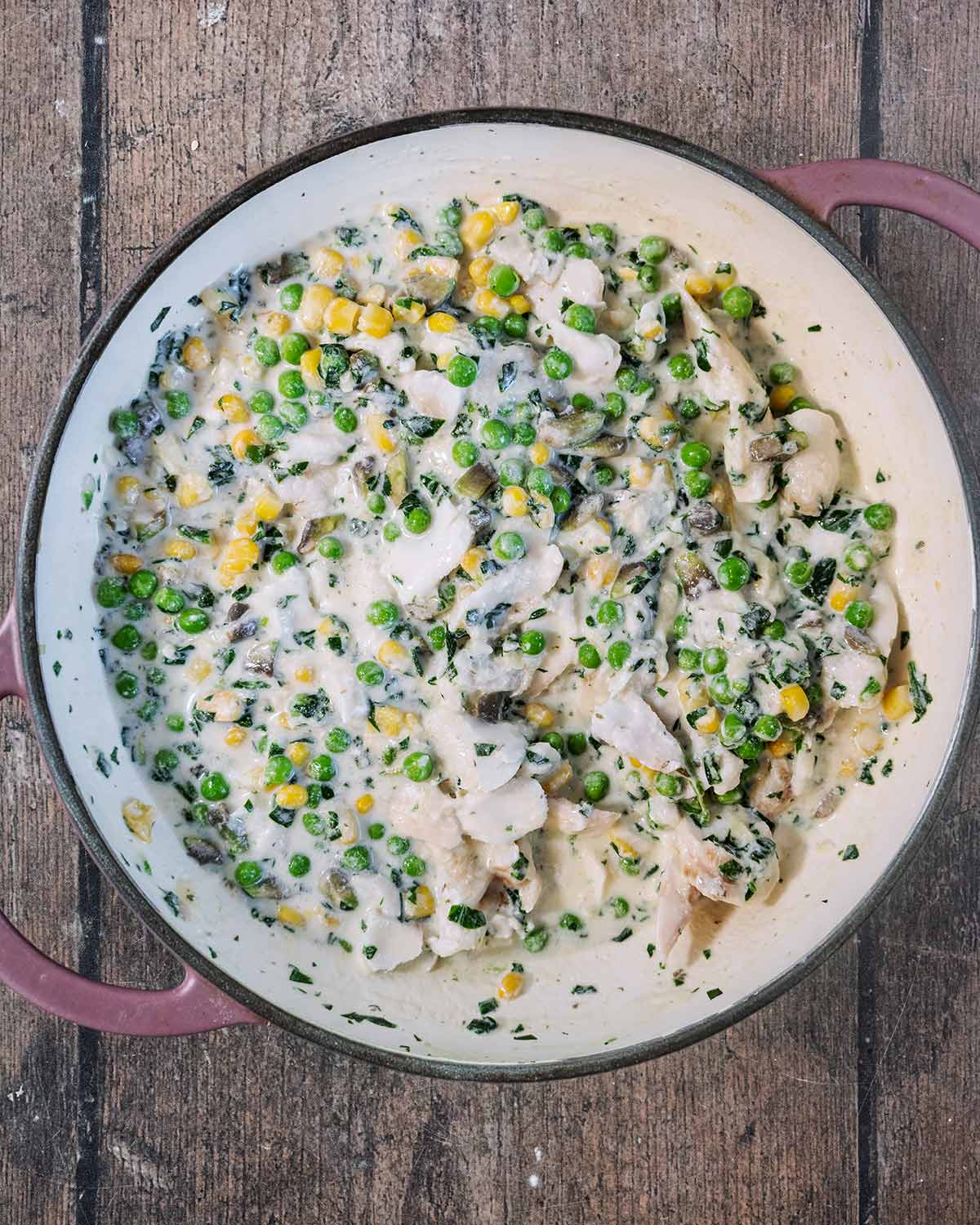 Everything mixed together in the pan.