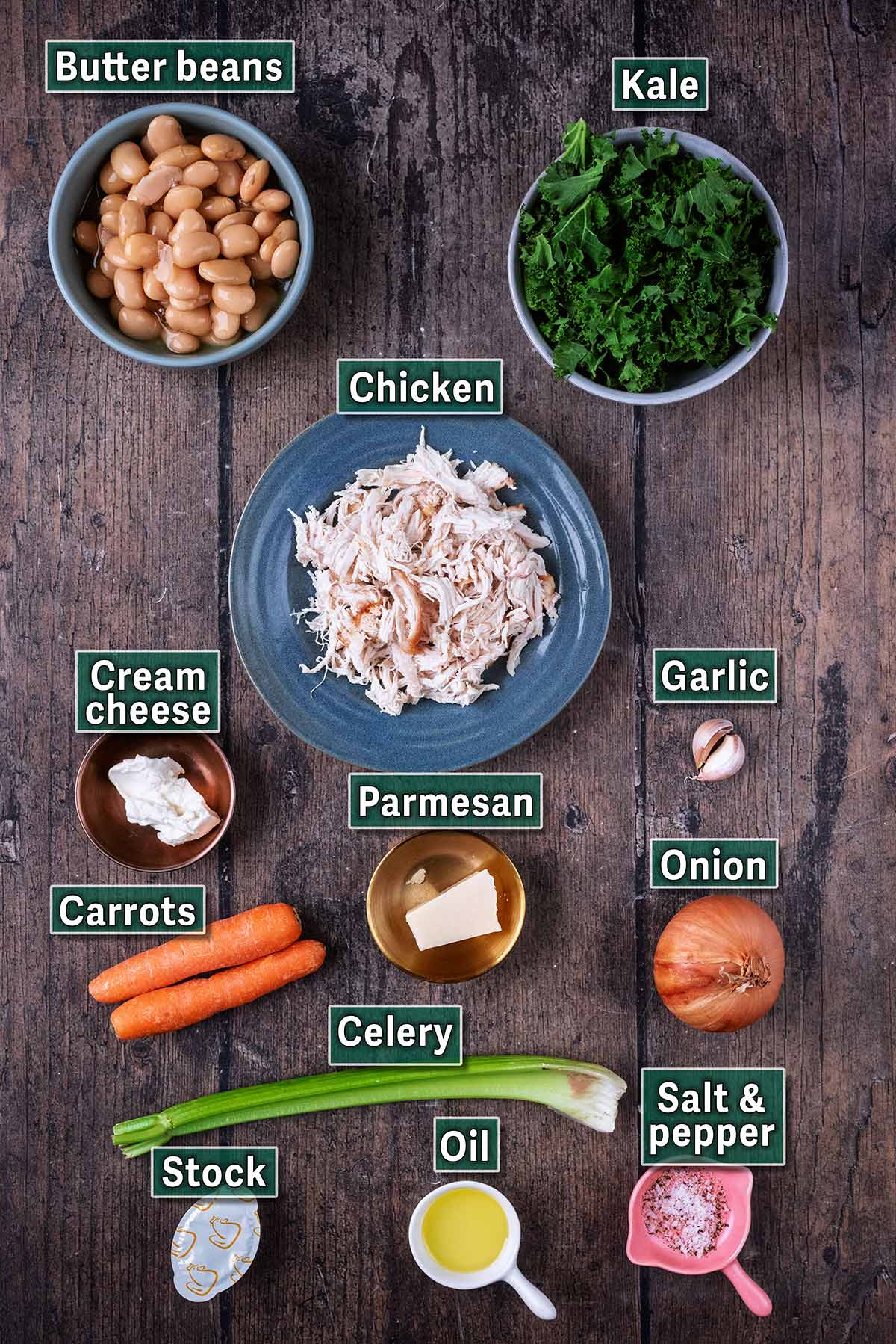 All the ingredients needed for this recipe with text overlay labels.