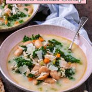 Chicken and white bean soup with a text overlay title.