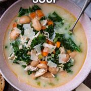 Chicken and white bean soup with a text overlay title.