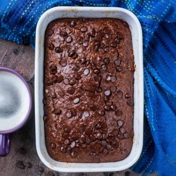 Chocolate protein baked oats in a rectangular baking dish.
